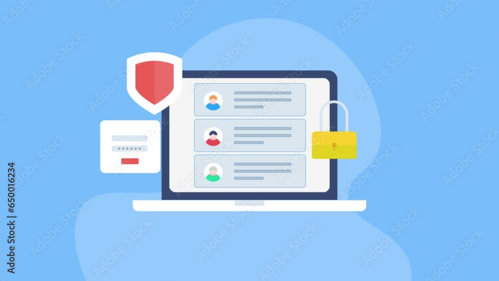 User information on laptop screen, online data protection with cybersecurity system, encrypted software for secure login access, shield and lock digital privacy safety technology concept. User information on laptop screen, online data protection with cybersecurity system, encrypted software for secure login access, shield and lock digital privacy safety technology concept.