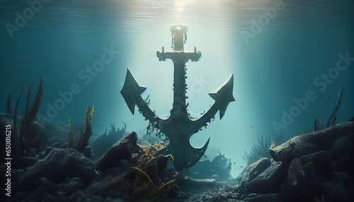 Illustration of big old iron anchor underwater  Anchor on the sea and sunlight  clean isolated and minimalism natural background  Ai generated image 