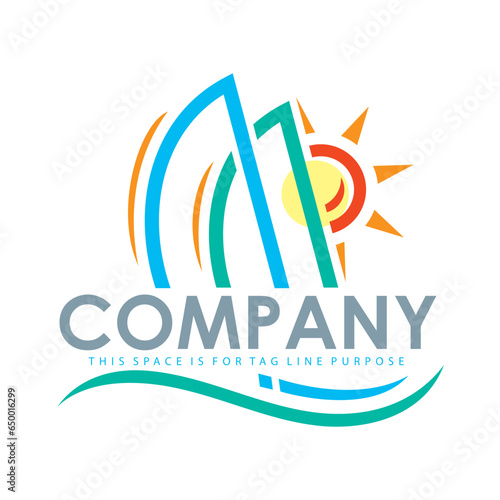 Photography Sailing Boat in the Water with a Rising Sun Against mainsail Vector Logo