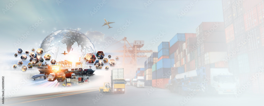 World map with logistic network distribution on background. Logistic and transport concept in front Container Cargo freight ship for Concept of fast or instant shipping, Online goods orders worldwide - obrazy, fototapety, plakaty 