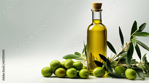Bottle of olive oil and green olives with leaves isolated on white background. Generative Ai