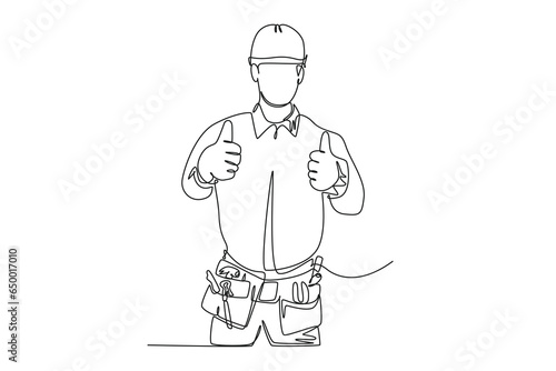 Single continuous line drawing attractive handsome handyman giving thumbs up finger gesture. Home renovation service and construction concept. Dynamic one line draw graphic design vector illustration