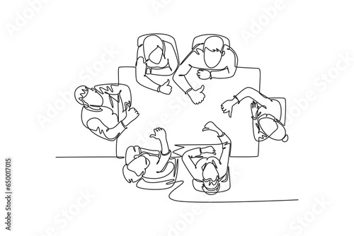 Single continuous line drawing top view of young happy businessmen businesswoman meeting and giving thumbs up gesture from top view. Business teamwork. One line draw graphic design vector illustration