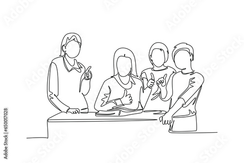 Single one line drawing young happy female elementary school teacher surrounded by her boys and girls student at class. Study education concept. Continuous line draw design graphic vector illustration