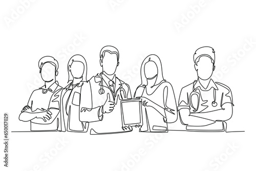 Single one line drawing group of young happy doctor giving thumbs up gesture for best healthcare service in hospital. Medical team work concept. Continuous line draw design graphic vector illustration