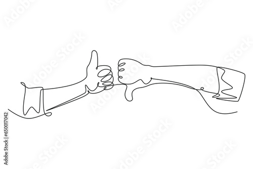 Single one line drawing of young male arm hands with thumbs up and thumbs down sign gesture. Good and bad symbol icon template concept. Modern continuous line draw design graphic vector illustration