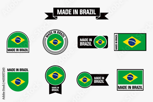 made in Brazil label signs collection. Brazil flag vector illustration set