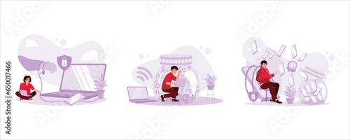Man using a laptop with chained hands in the background. The internet is replacing books. Men are addicted to gadgets. Internet Addiction concept. Set Trend Modern vector flat illustration