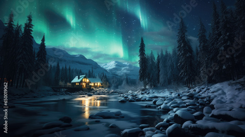Northern lights over a river with a house in winter