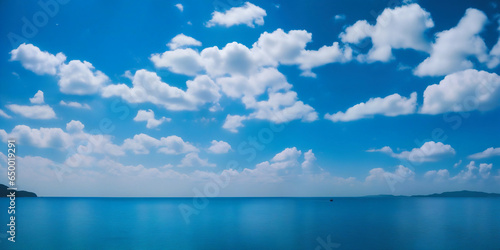 Blue sky with white clouds over the sea. Summer vacation background.