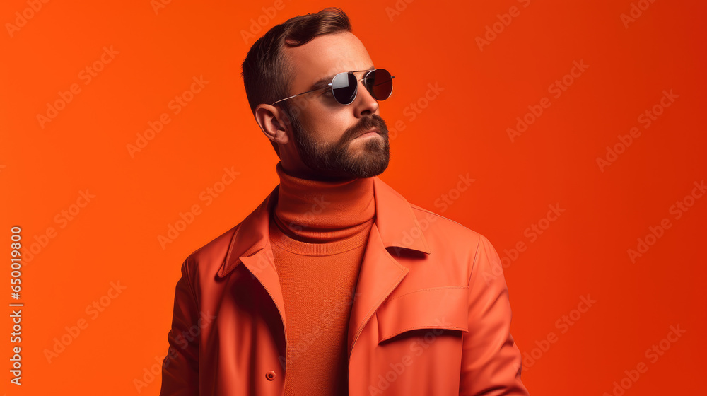 Fototapeta premium Handsome male model standing against orange background