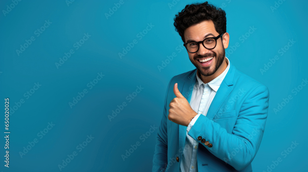 A man with black glasses  in Business Attire Giving positive gesture a Thumbs Up Against a Blue Backdrop - obrazy, fototapety, plakaty 