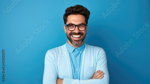 Smile of a young enterpreneur blue attire, standing against blue background