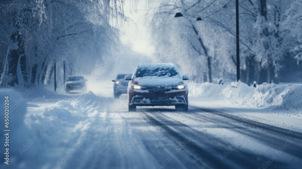 Car drives on a frozen road with lots of snow in winter Car drives on a frozen road with lots of snow in winter