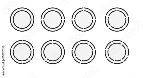 Circles divided diagram 3, 7, graph icon pie shape section chart. Segment circle round vector 6, 8 devide infographic photo