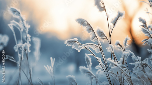 Winter atmospheric landscape with frost covered plants during snowfall. Winter, Christmas background