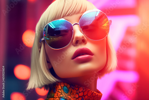 An Asian girl in a hyper-realistic, colorful light futuristic fashion style within a neon light space. Generative AI.
