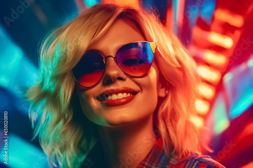 Hyper-realistic futuristic fashion featuring a blonde girl in a colorful vivid neon-lit space. Generative AI.