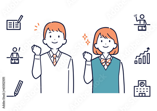 充実した学生生活を送る男子生徒と女子生徒＿上向き＿アイコンセット