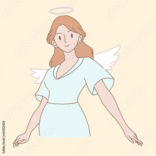 Kind mother with angel wings and halo above head. Positive teacher with angelic attitude. Angel investor. Hand drawn flat cartoon character vector illustration.