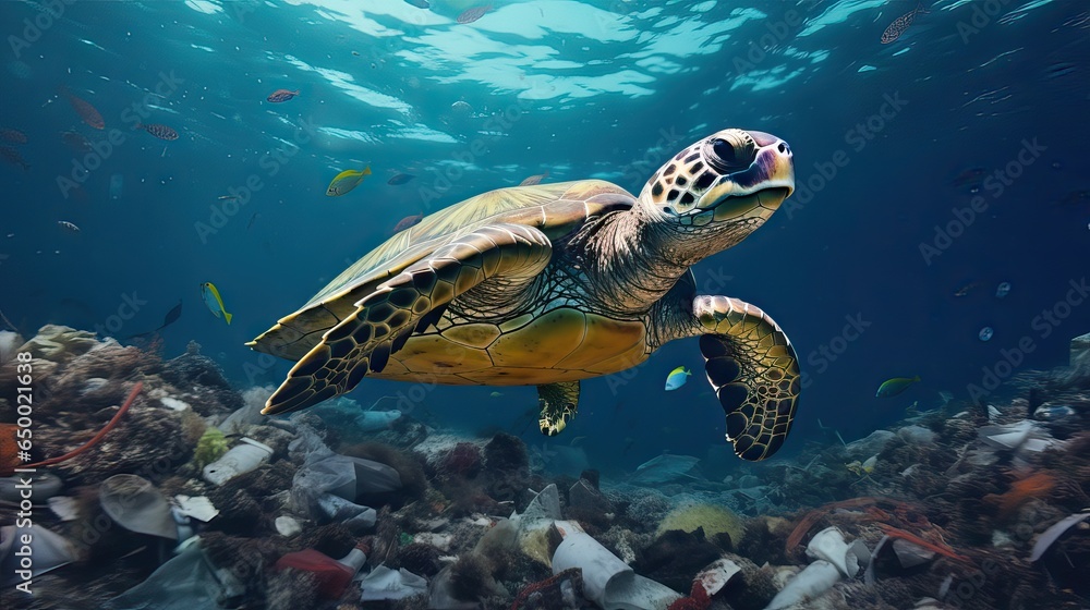 Fototapeta premium A sorrowful sea turtle swims amidst human waste, painting a poignant plea for ecology and environmental care, accentuated by Generative AI.