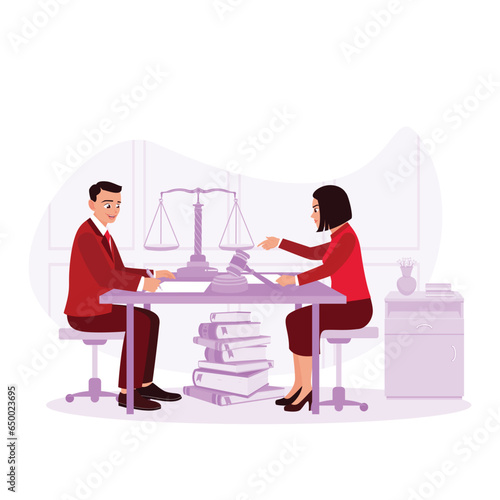 Legal advisor holds a meeting and gives the client a signed contract. Law concept. Trend Modern vector flat illustration