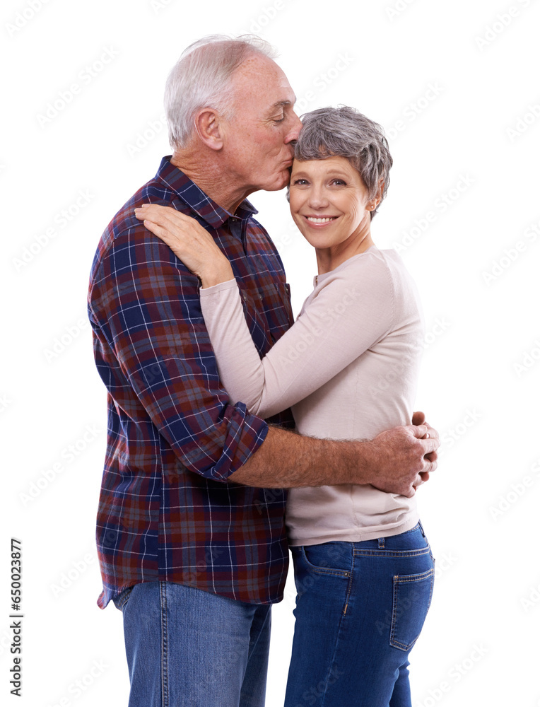 Love, hug and kiss, old couple isolated on transparent png background with smile, support or care. Happy marriage, senior man and woman embrace in romance, bonding and retirement portrait together. Love, hug and kiss, old couple isolated on transparent png background with smile, support or care. Happy marriage, senior man and woman embrace in romance, bonding and retirement portrait together.