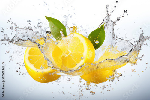 Lemon pieces with ice in water splash on white background. Summer refreshing lemonade drink 