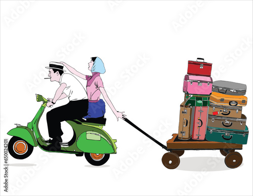 Man and women on scooter pulling luggage on cart going for vacation. Vintage couples on scooter. Vacations vibe.