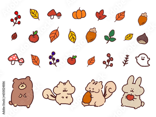 Foto 秋の動物と植物の可愛いイラストセット