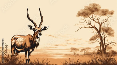  a painting of a gazelle standing in a field with trees. generative ai