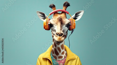  a giraffe wearing headphones and a yellow jacket.  generative ai