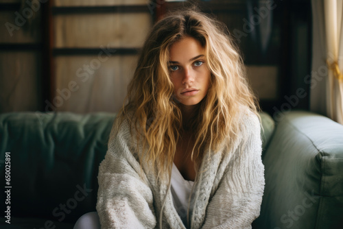 Woman is pictured sitting on green couch in room. This image can be used to depict relaxation, home decor, interior design, or comfort in living space.