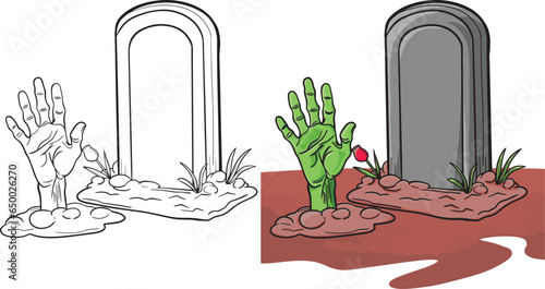 Halloween grave and hand cartoon. Black and white lines. Coloring page for kids. Activity Book.