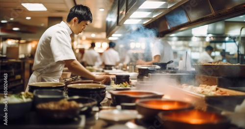 Chef preparing food, Busy Japanese restaurant, Staff in motion.