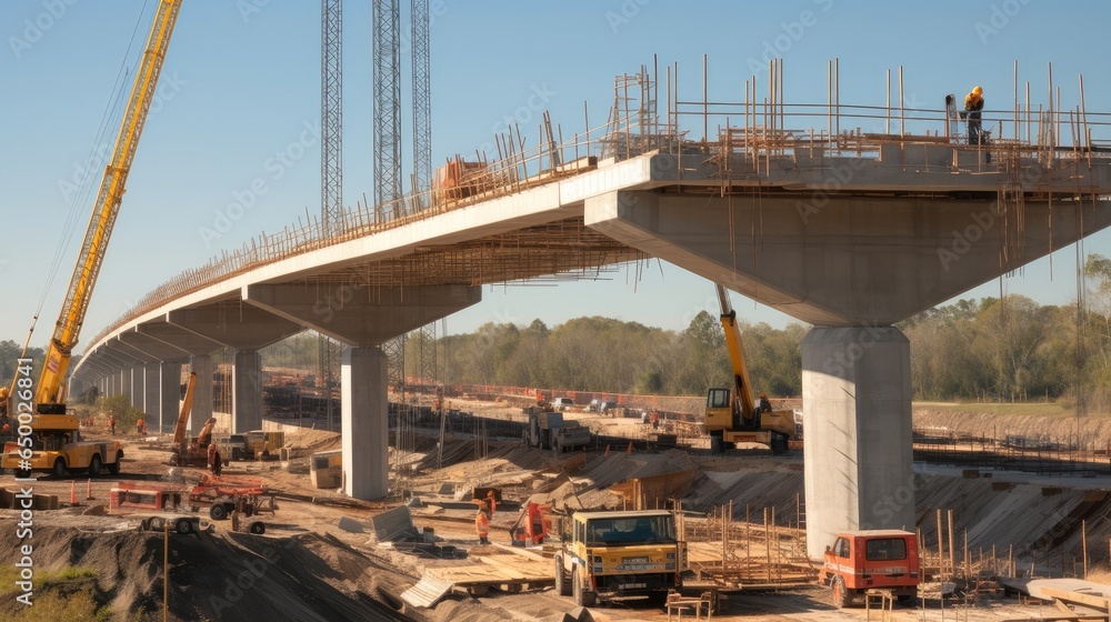 Obraz premium Construction work to build a new concrete bridge on a construction site.