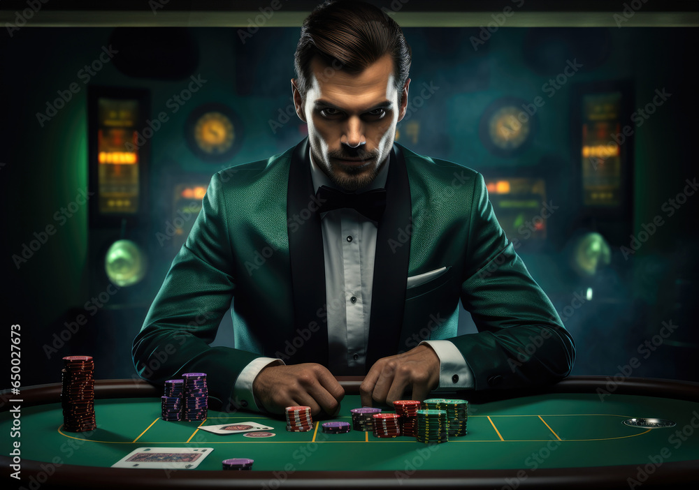 Male croupier at the casino at the table, Casino concept, Gambling, Poker. Male croupier at the casino at the table, Casino concept, Gambling, Poker.