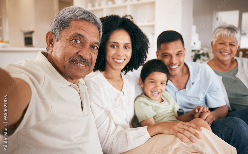 Family, selfie and grandparents with a smile at home together with young child and mom. Bonding, sofa and happy father with young boy and senior people with photo for social media with kid on couch Family, selfie and grandparents with a smile at home together with young child and mom. Bonding, sofa and happy father with young boy and senior people with photo for social media with kid on couch