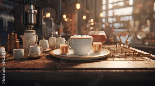  a cup of coffee on a saucer on a wooden table. generative ai