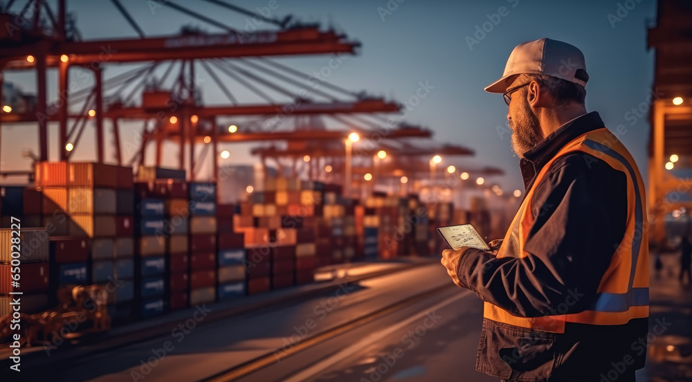 Engineer using tablet for working at containers yard from cargo freight ship.