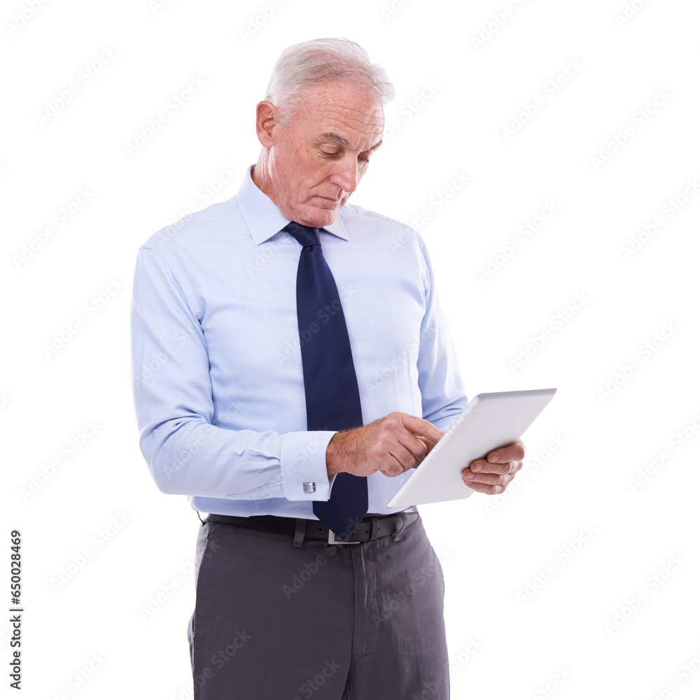 Senior businessman, tablet and research in social media or communication isolated on a transparent PNG background. Mature man, CEO or executive working on technology app for data, results or planning Senior businessman, tablet and research in social media or communication isolated on a transparent PNG background. Mature man, CEO or executive working on technology app for data, results or planning