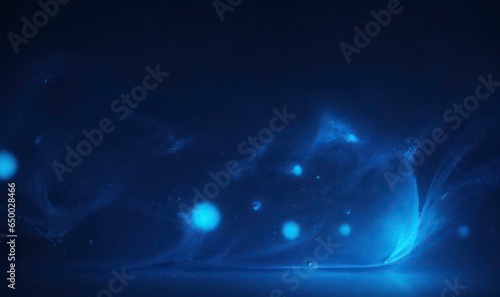 Create an abstract dark blue backdrop with a captivating interplay of glowing particles