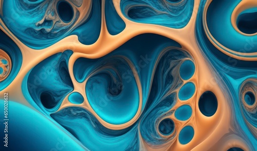 Design an abstract background where the elegance of wavy liquid patterns coexists with the scientific wonder of human cells or embryonic stem cells under a microscope photo