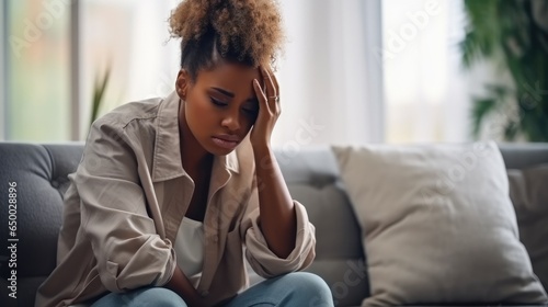 Mental health and frustrated anxiety at home, Stress, Woman has a headache and depression on sofa for sad memory.