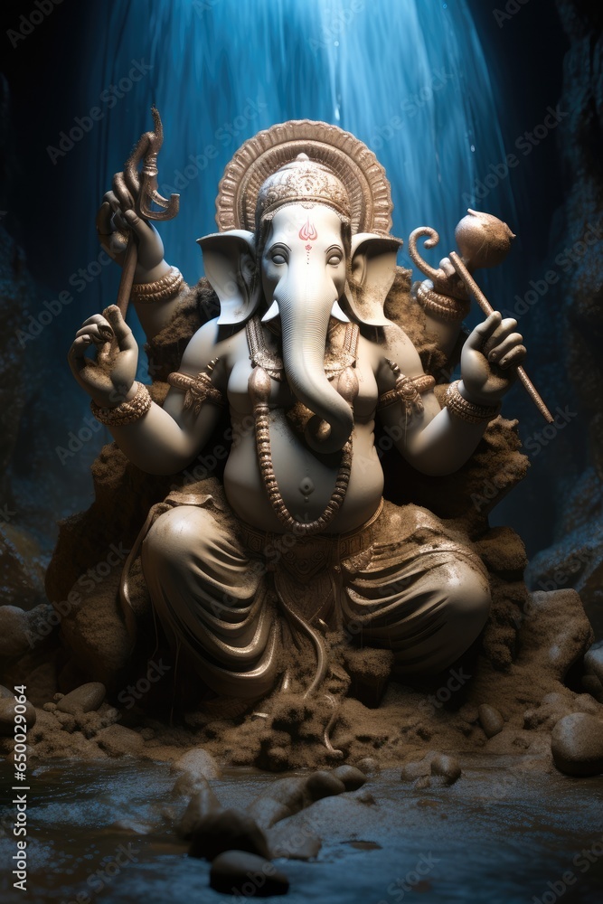 Fototapeta premium Sunken ganesha standing statue carved in stone.