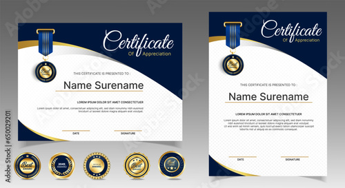 Certificate of appreciation template, gold and blue color. Clean modern certificate with gold badge. Certificate border template with luxury and modern line pattern. Diploma vector template	