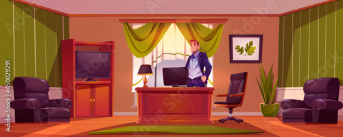 School principal office room with desk cartoon vector background. Man boss character on luxury workplace with tv, cupboard, table and computer. Young businessman in wooden corporate workspace