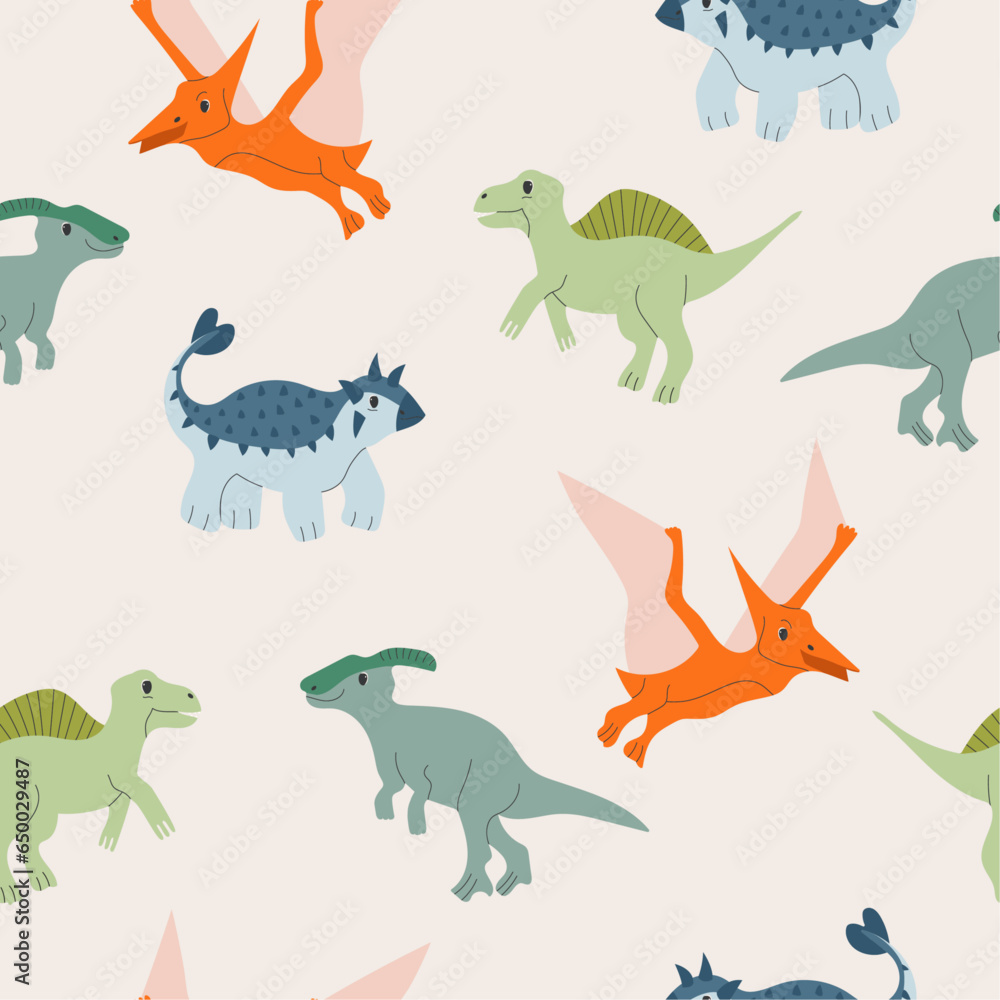 Baby seamless pattern with dinosaurs. Funny flat animals. Colorful childish print with Dino. Creative vector background in Scandinavian style. Cute cartoon dinosaurs. Boho nursery design Baby seamless pattern with dinosaurs. Funny flat animals. Colorful childish print with Dino. Creative vector background in Scandinavian style. Cute cartoon dinosaurs. Boho nursery design