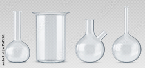 Chemistry measuring glass beakers. Realistic vector illustration set of round and conical empty transparent laboratory flasks and tubes. Lab glassware equipment for scientific experiments and tests.