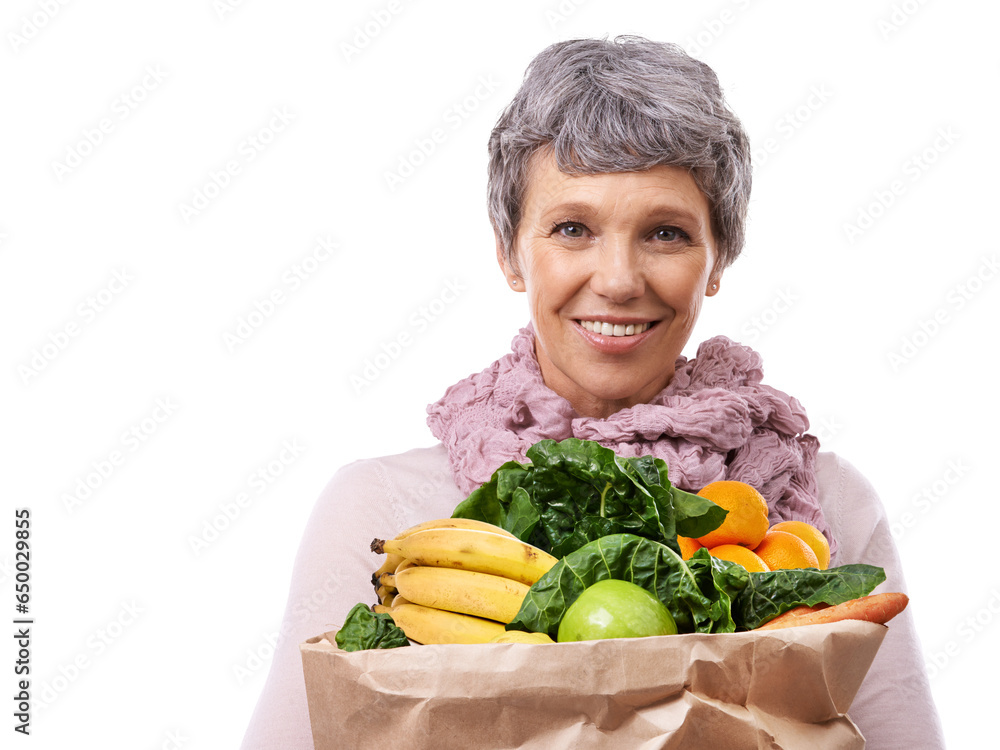Mature woman, groceries and portrait for shopping fruits and vegetables with sale or supermarket promotion. Happy customer for healthy food, paper bag or retail isolated on transparent png background Mature woman, groceries and portrait for shopping fruits and vegetables with sale or supermarket promotion. Happy customer for healthy food, paper bag or retail isolated on transparent png background